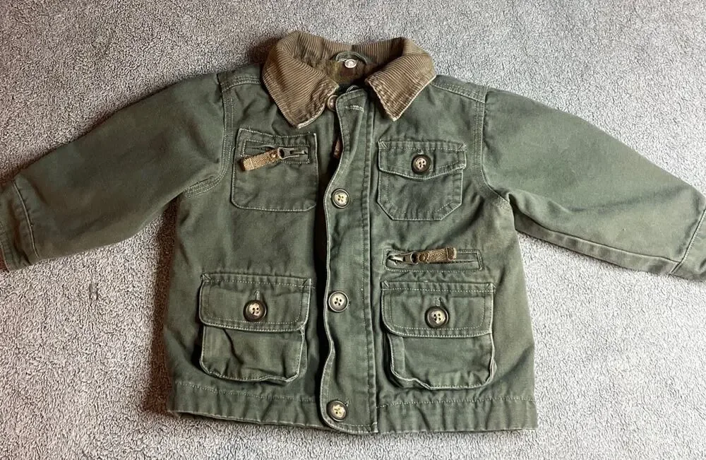 OshKosh B'gosh BabyBoy Green Utility Barn Jacket Corduroy Collar Plaid Lined 12M